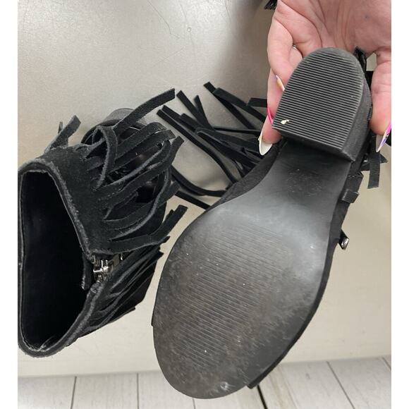 Carlos Women's Shoes Booties Leather Suede Black Fringed Chunky Heels Size 7.5 - Picture 5 of 6